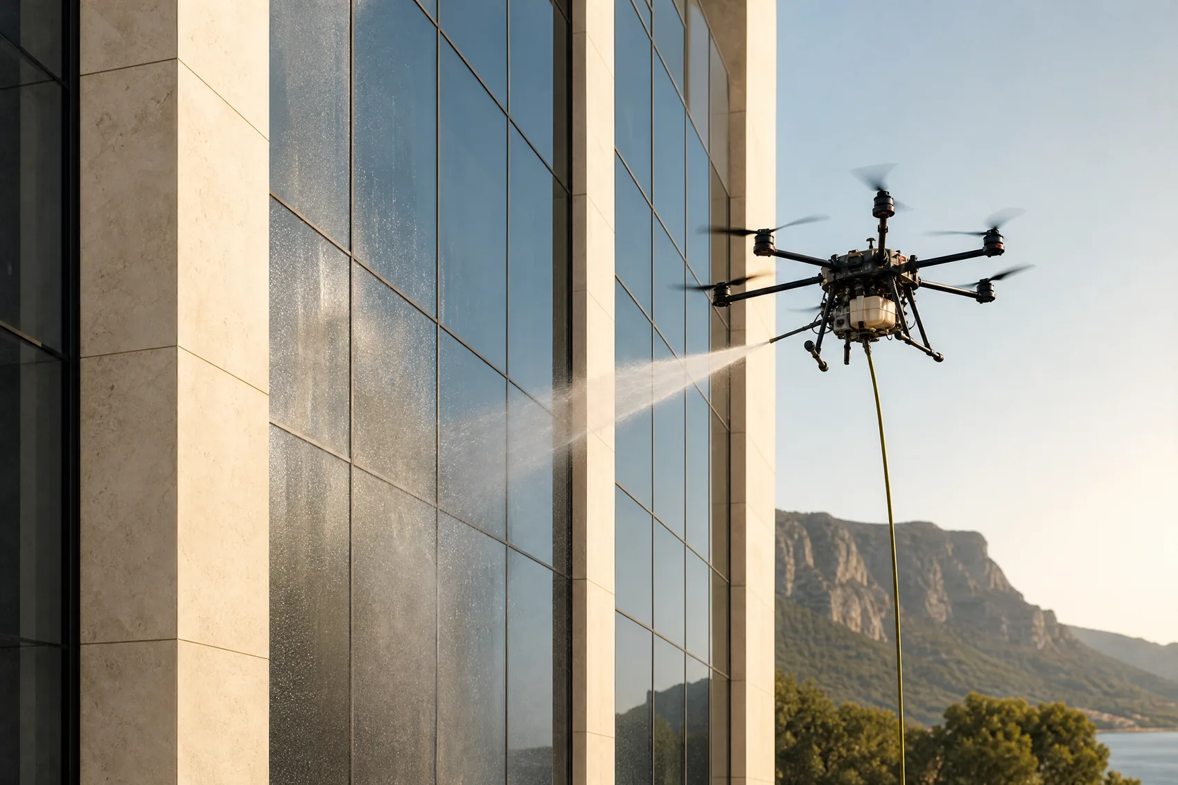 Imagen ilustrativa de un dron de limpieza trabajando sobre una fachada acristalada